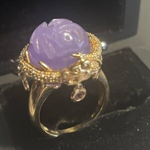14k carved purple jade ring with diamond accent dragon and amethyst dangles